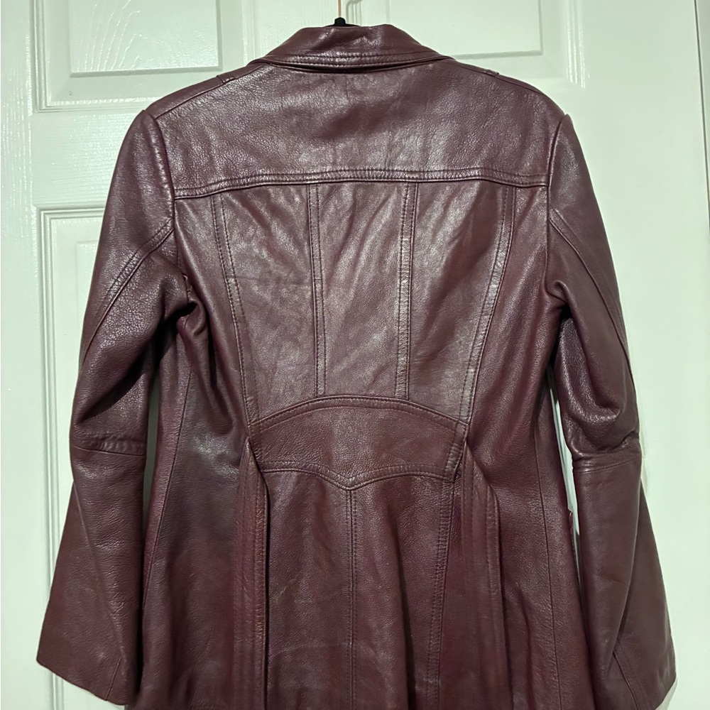 Vintage Women's Tailored Wine Leather Jacket - Elegant Longline Coat